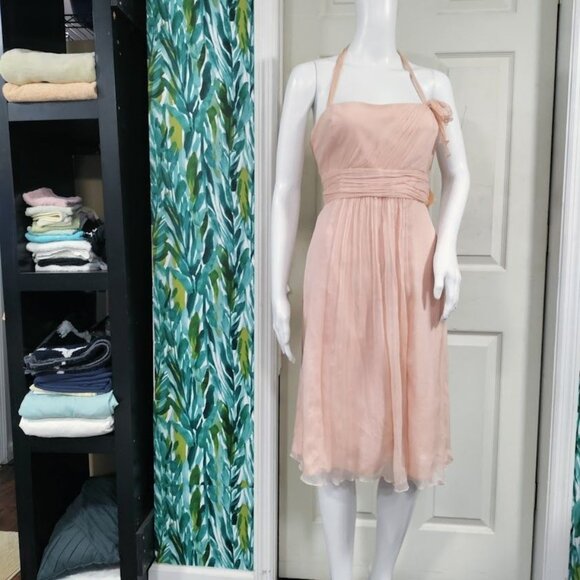 Amsale Wedding Whimsy Flirty Fit Flare Halter Blouson Silk Dress Blush Womens 10 - Picture 4 of 12